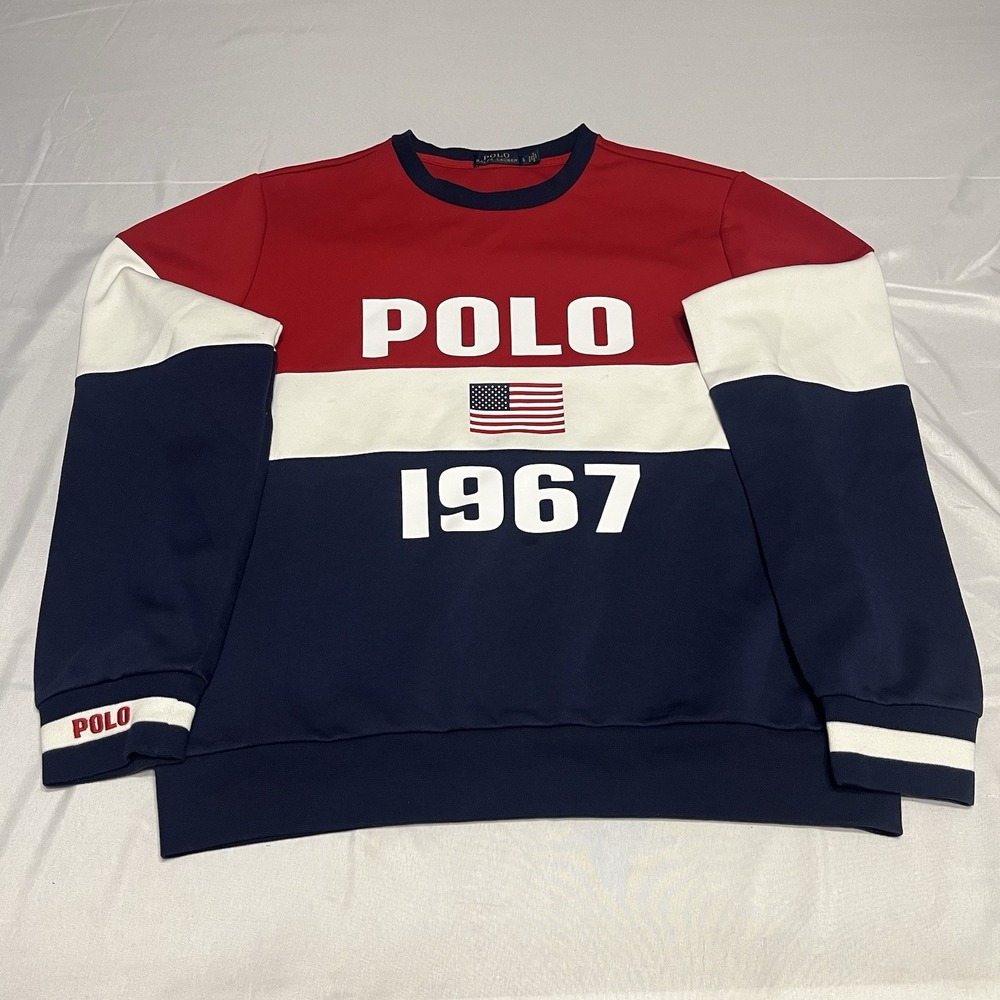 Polo Ralph Lauren Sweatshirt Mens Large 1967 US Flag Color-block Red White Navy